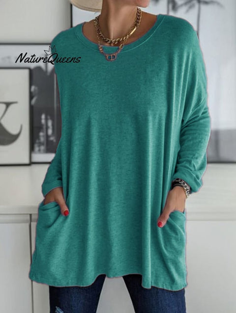 Casual Crew Neck With Pockets Loose Long Sleeve Blouse Peacock Blue / S