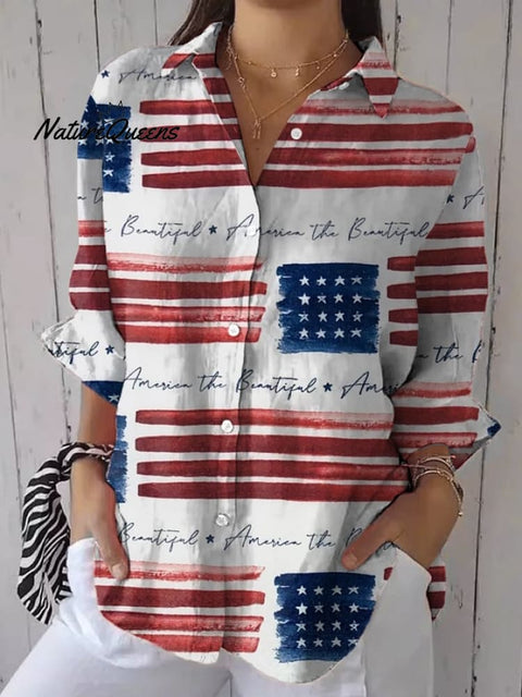 Women's Casual Cotton and Linen Independence Day Shirt