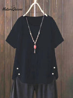 Women’s Solid Color Cotton And Linen Round Neck Button Short Sleeve Irregular Slit At Hem Blouse