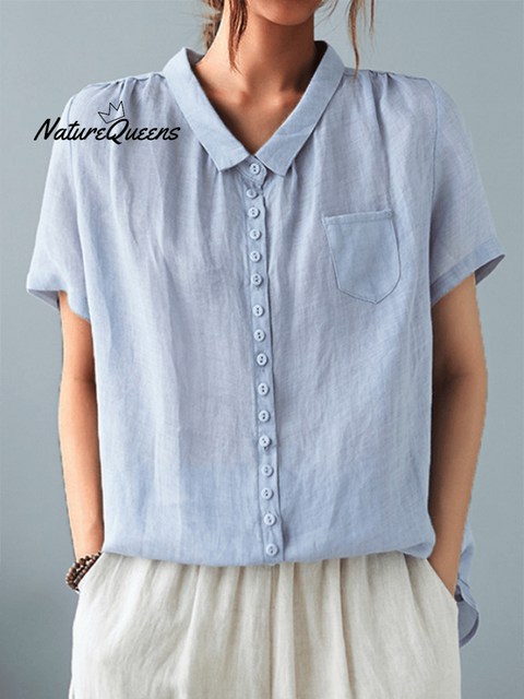 Ladies Casual Cotton And Linen Shirt With Lapel Button Design Blue / M