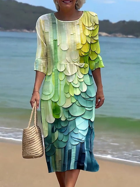 Women's Casual  Round Neck Mid Sleeve Print Cotton and Linen Dress