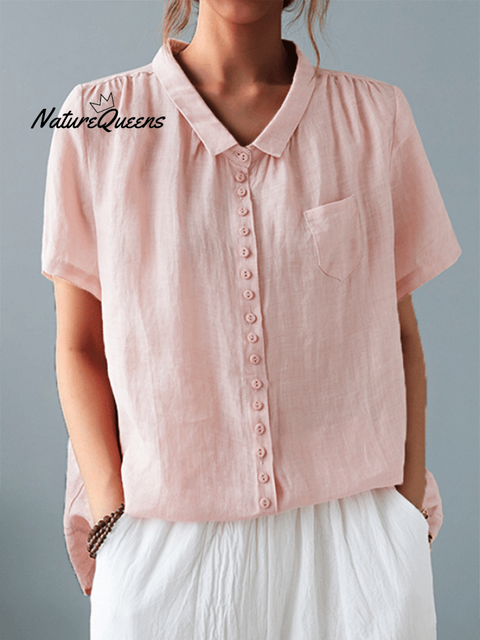 Ladies Casual Cotton And Linen Shirt With Lapel Button Design Pink / M