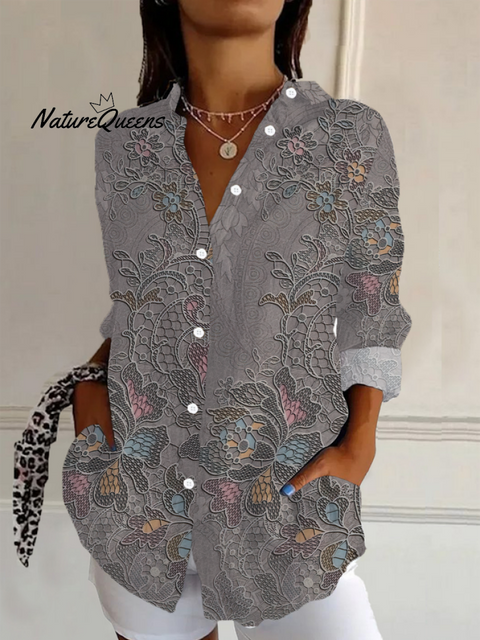 Women's Floral Long Sleeve Shirt Spring/Fall Buckle Shirt Collar Daily Casual Top