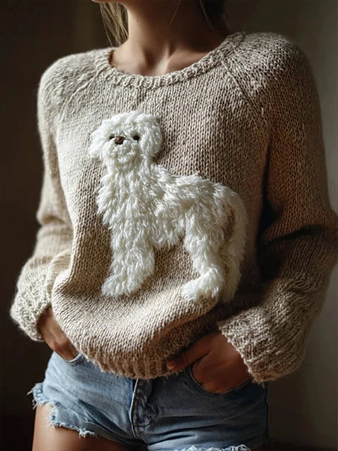 Women's Fuzzy Golden Retriever Dog Felt Print Cozy Knit Sweater