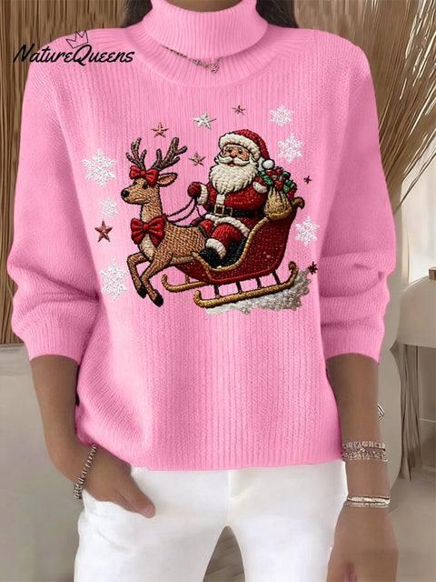 Women's Retro Santa Print Turtleneck Knit Top