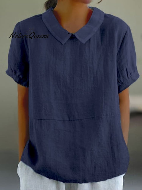 Blue Plain Short Sleeve Round Neck Top Dark Blue / S