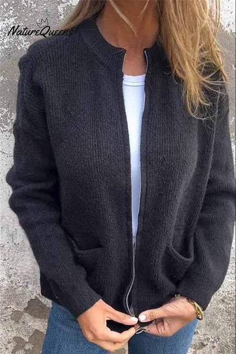Solid Color Long Sleeve Zipper Pocket Casual Knitted Cardigan