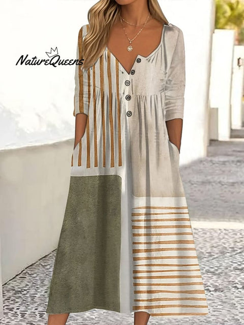 Women's Casual Button Collar Contrast Geometric Pattern Print Dress