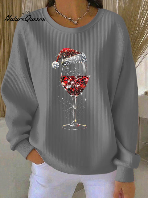 Women's Retro Christmas Red Wine Glass Print Round Neck Sweatshirt