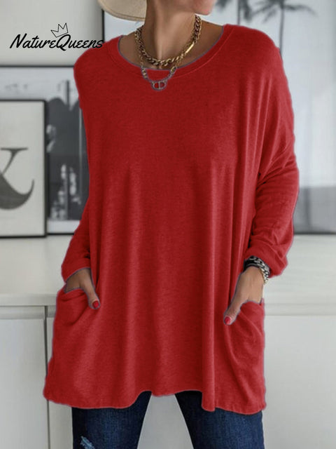 Solid Pocket Round Neck Long Sleeve T Shirt