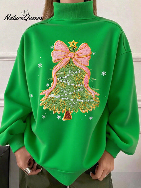 Women's Winter Christmas Tree Print Festive Turtleneck Sweatshirt