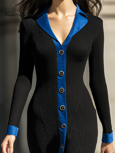 Elegant Black Ribbed Knit Midi Dress With Blue Contrast Collar And Cuffs