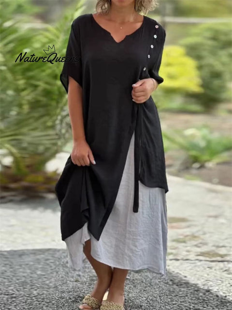 Women’s Country Style V Neck Short Sleeve Irregular Hem Dress Black / S