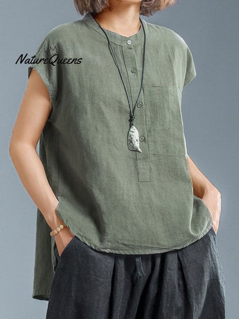 Ladies Casual Sleeveless Shirt With Stand Collar Button Design Army Green / M