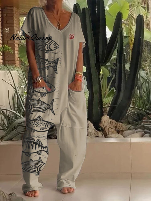 Fish Shape Japanese Linen Art Print V-neck Jumpsuit