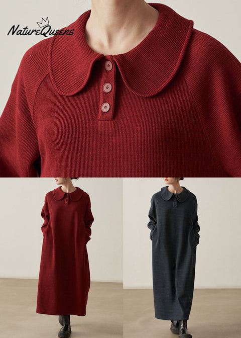 Loose Wine Red Pockets Cozy  Cotton Knit Long Dresses Fall