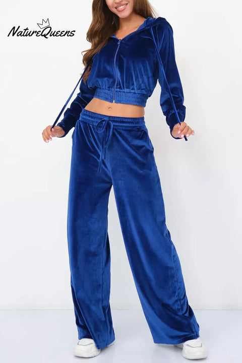Solid Color Velvet Hooded Zip-up Sweatshirt and Elastic Waist Casual Pocket Straight-leg Pants Set