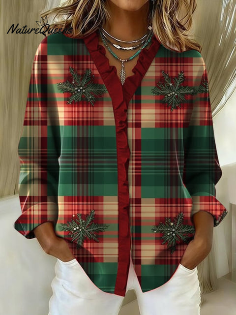 Women's Christmas Print Casual Cotton And Linen Ruffle Shirt