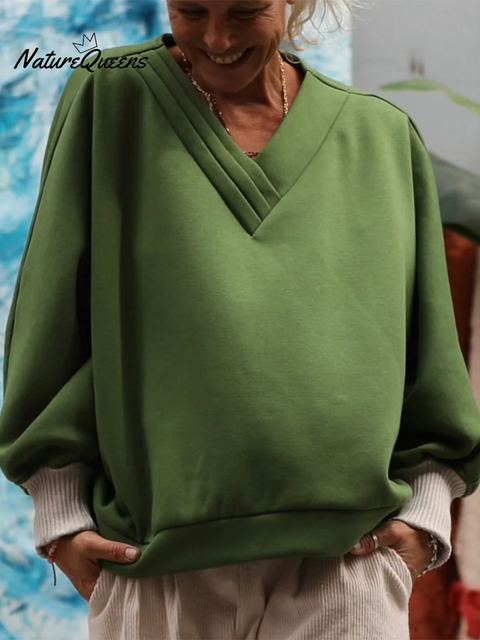 Women's Pleated V-neck Loose Cotton Sweatshirt Top