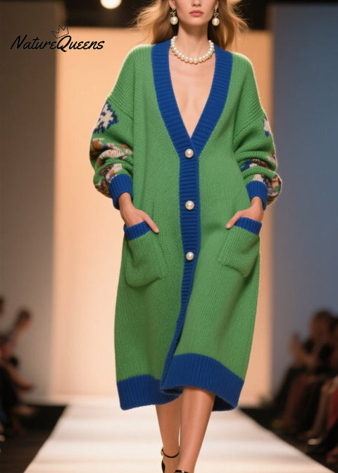 Beautiful Green V Neck Print Button Knit Loose Coat Winter