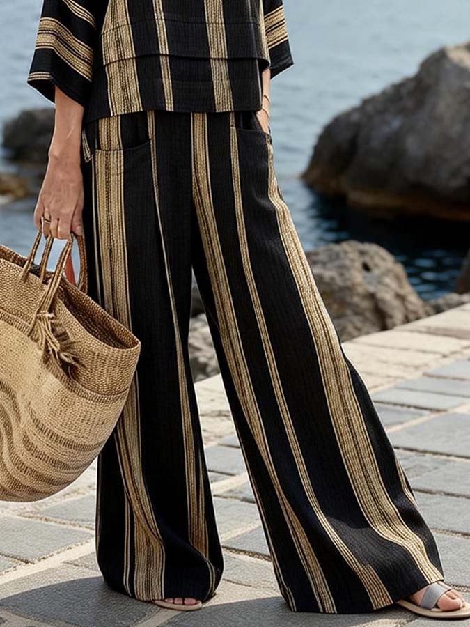 Women'S Casual V-Neck Printed Wide-Leg Pants Set