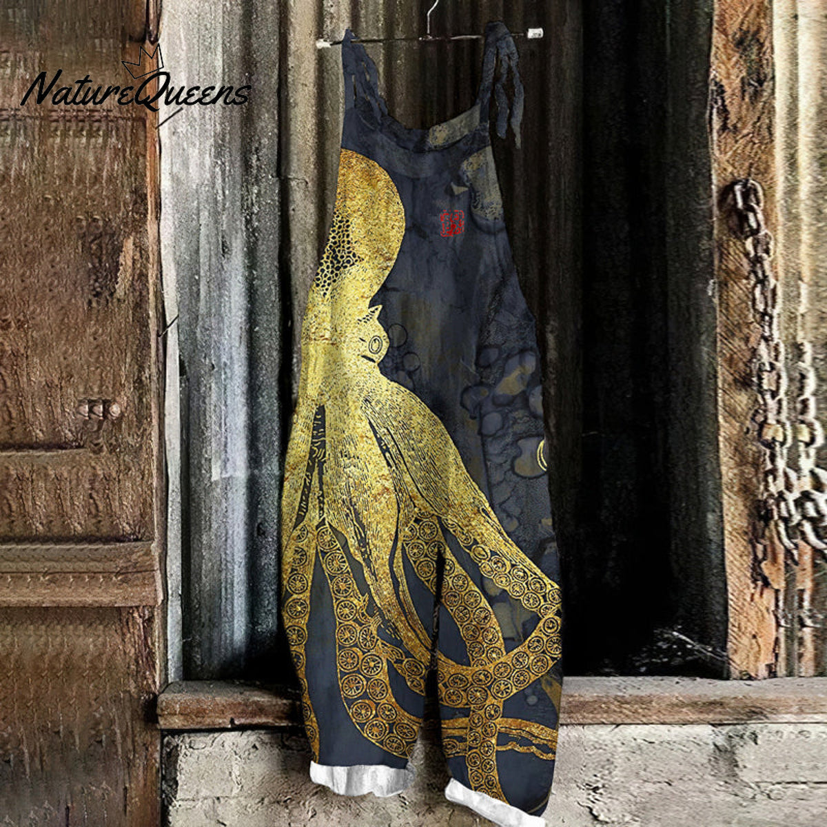 Vintage Japanese Art Octopus Print Casual Jumpsuit