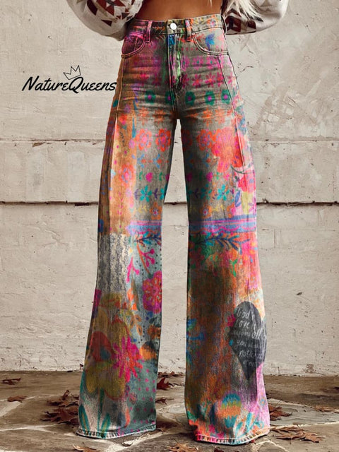 Women's Retro Bohemian Floral Heart Casual Wide Leg Pants