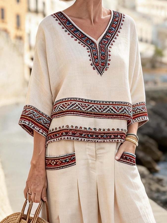 Women'S Casual V-Neck Printed Wide-Leg Pants Set