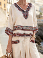 Women'S Casual V-Neck Printed Wide-Leg Pants Set