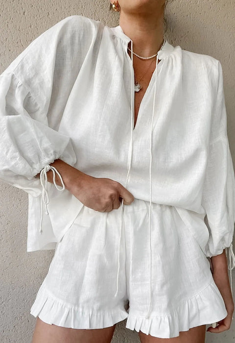 Women's Lantern Sleeve Drawstring Shirt and Shorts Set