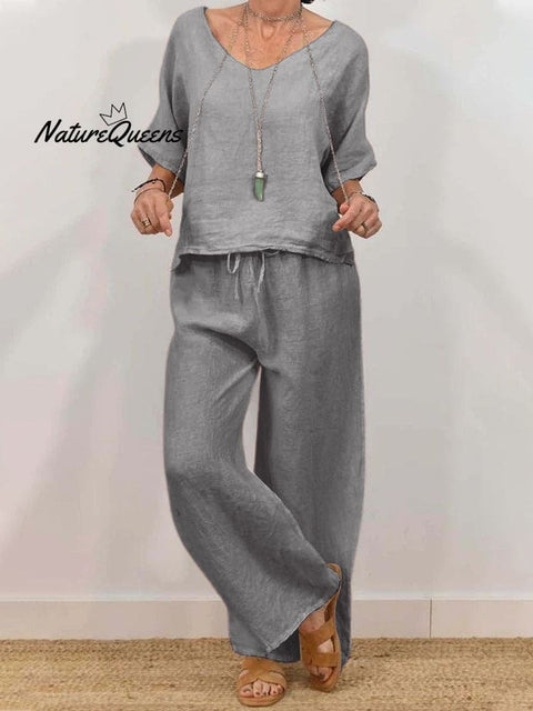 Solid Color Casual Half Sleeve Top&Pants Set