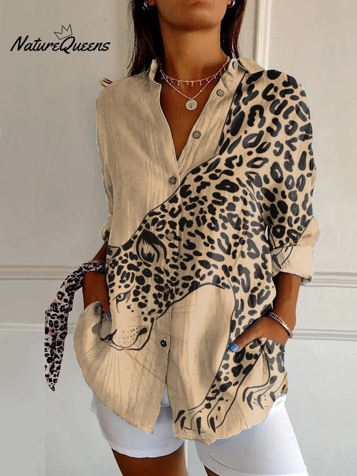 Khaki Cheetah Print Casual Long Sleeve Shirt