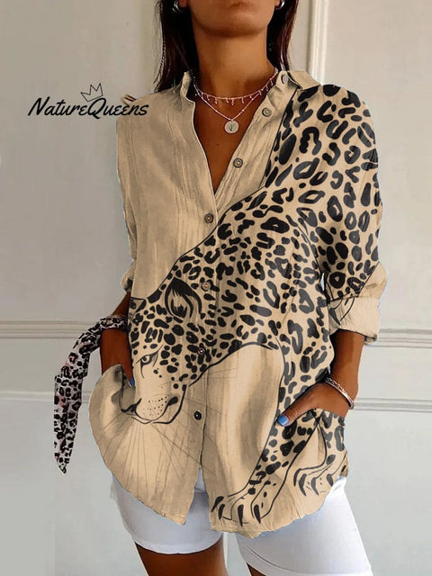 Khaki Cheetah Print Casual Long Sleeve Shirt