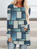 Crew Neck Long Sleeve Denim Pattern Mid-length Blouse