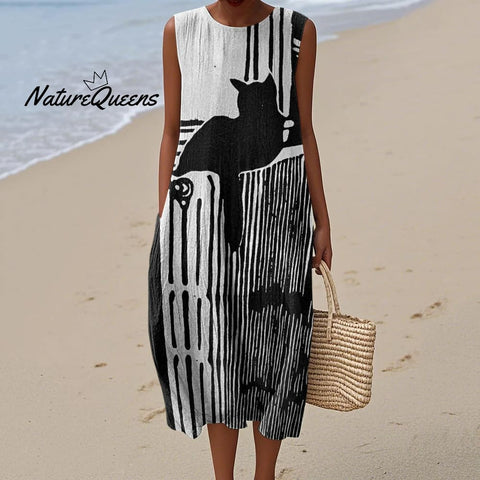 Women's Retro Geometric Black Cat Art Pattern Cotton And Linen Dress