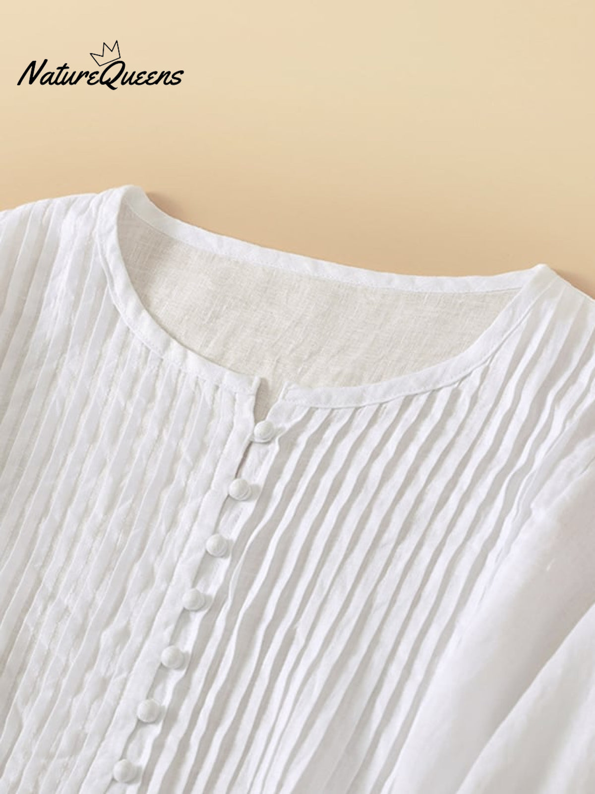 Women’s Pleated Round Neck Casual Cotton And Linen Shirt