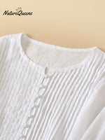Women’s Pleated Round Neck Casual Cotton And Linen Shirt