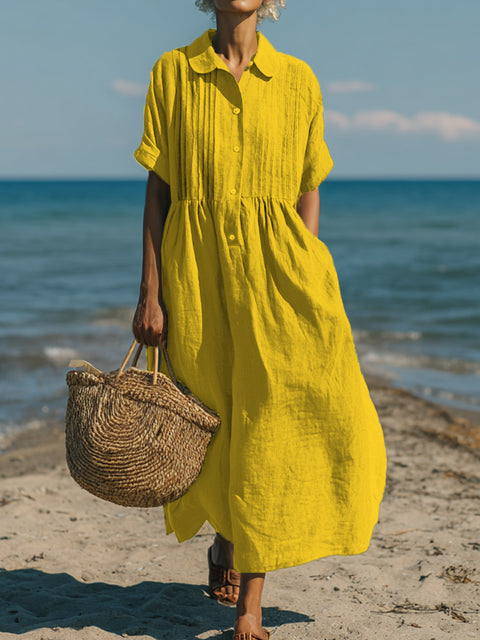 Women's Casual Cotton and Linen Peter Pan Collar Short Sleeve Dress
