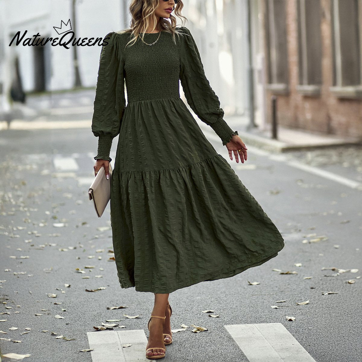 New Women's Elegant High Waist Long Sleeve Midi Dress