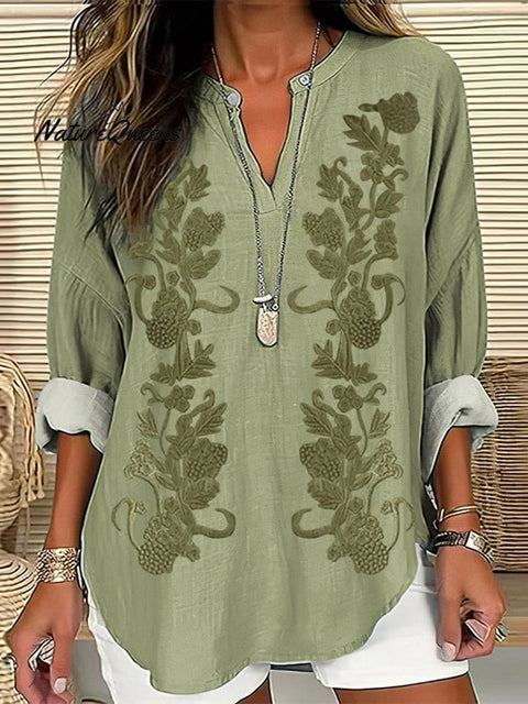 Women's Embroidered Flower V-neck Linen Blend Loose Blouse