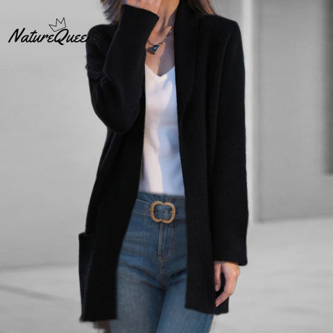 Women's Knitted Lapel Collar Long Sleeve Patch Pockets Mid-Length Sweater Cardigan