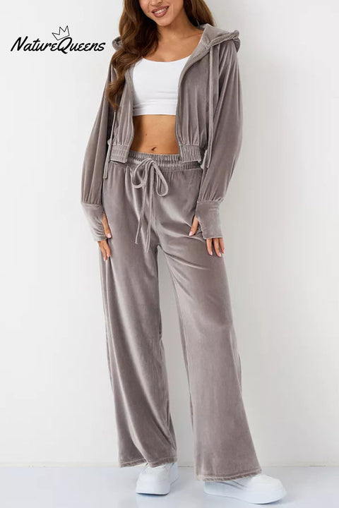 Solid Color Velvet Hooded Zip-up Sweatshirt and Elastic Waist Casual Pocket Straight-leg Pants Set