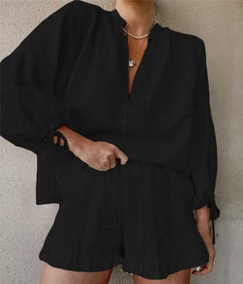 Women's Lantern Sleeve Drawstring Shirt and Shorts Set