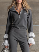 Sporty Retro Lace Embroidery Dark Gray Cotton Blend Long-Sleeve Sweatshirt And Flared Pants Set