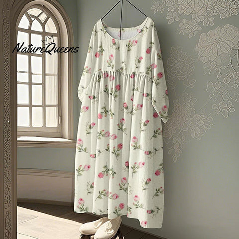 Floral Print Round Neck Loose Midi Dress