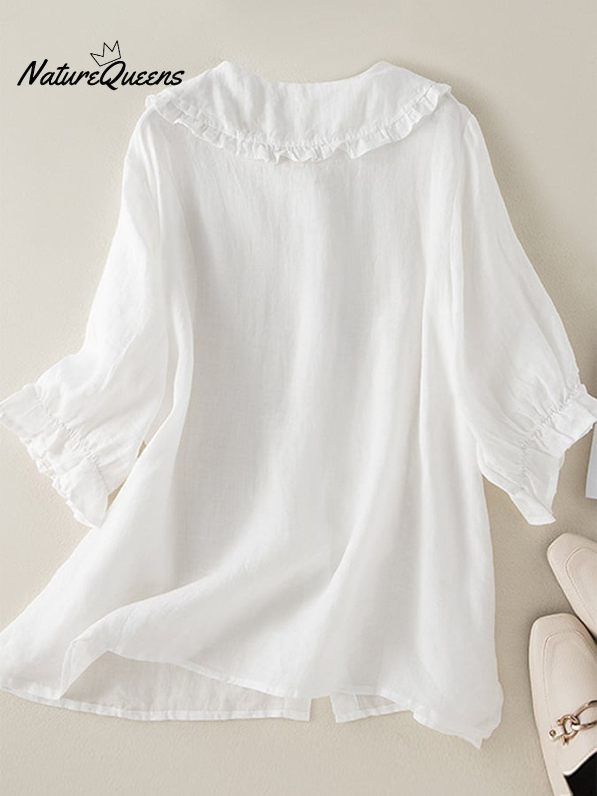 Cotton Linen Loose Peter Pan Ruffles Neck Shirt