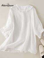 Cotton Linen Loose Peter Pan Ruffles Neck Shirt
