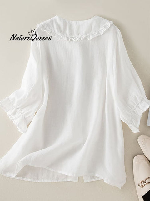 Cotton Linen Loose Peter Pan Ruffles Neck Shirt