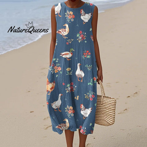 Women's Farm Animal Print Crew Neck Tank Midi Dress