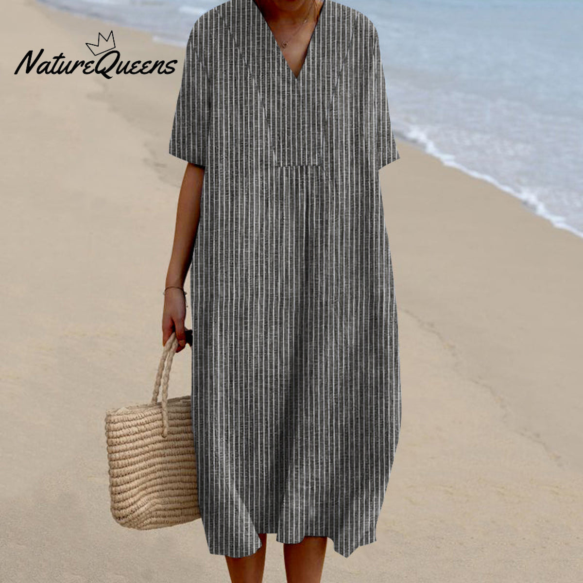 Women Vintage Stripes Casual V Neck Midi Dress